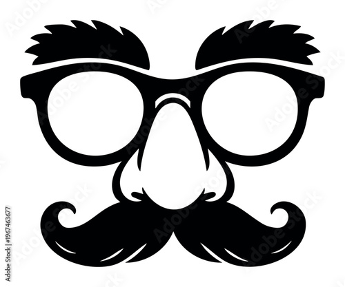 Disguise mask featuring thick eyebrows, glasses, a large nose, and a bushy mustache, symbolizing humor and anonymity