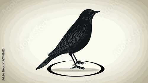 A silhouette of a bird stands on a circle, against a beige, layered background
