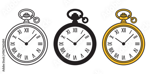 Three pocket watches in different colors and line styles on a white background silhouette