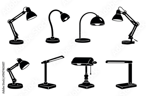 Collection of black silhouette lamps, showing different types of desk lights, a banker lamp, and LED models