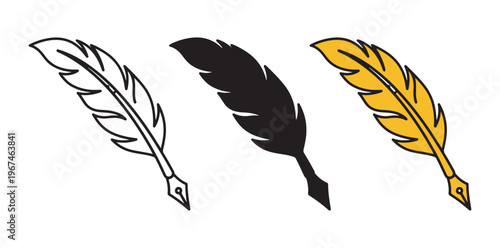 A colorful illustration of three quill pens in black, white, and yellow on a plain background silhouette