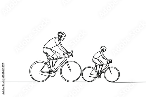 Continuous line drawing of a parent and child cycling together