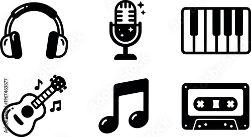 Black and white vector icons of headphones microphone keyboard guitar music note and cassette