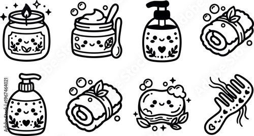 Black and white spa set candle cream lotion soap towel and hairbrush line art vector