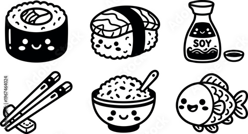 Kawaii style sushi sushi roll rice bowl fish soy sauce and chopsticks vector art