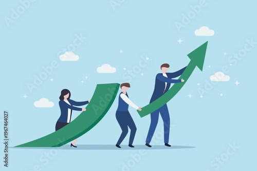 Teamwork and growth business people pushing a large upward trending arrow