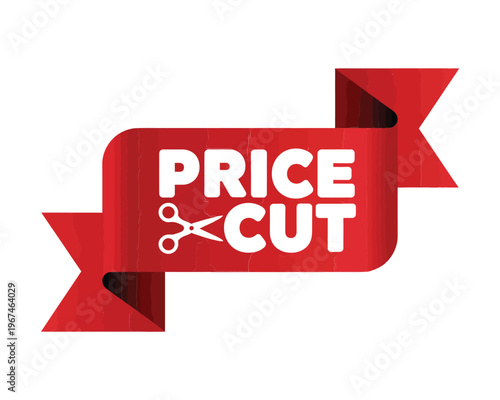 A vibrant red price cut ribbon with scissors illustration
