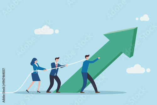 Teamwork propels a large green arrow upwards symbolizing growth and success