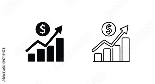 Financial growth icons, business chart symbols, money increase vectors, 2 style set