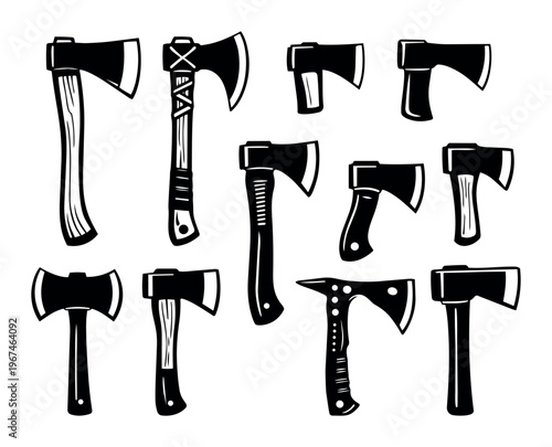 Ax collection displaying various cutting tools and chopping equipment designs, useful for weaponry, carpentry, and resource working