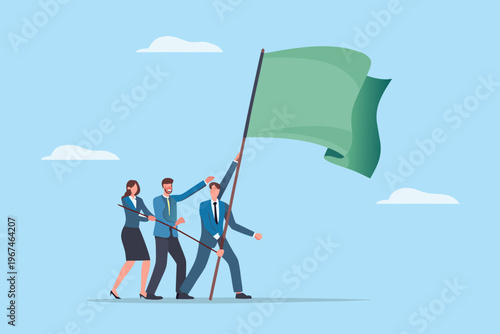 Business team celebrating success with a waving green flag illustration