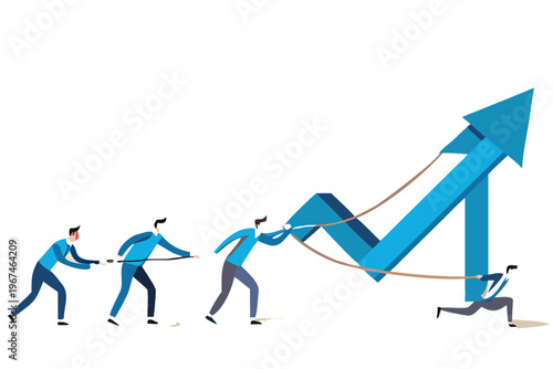 Teamwork pulling a growth arrow upwards against resistance illustrated style