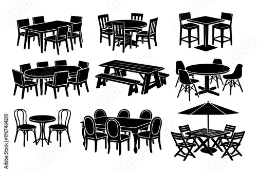 Collection of various indoor and outdoor furniture sets, illustrating different styles for home, cafe, and dining areas
