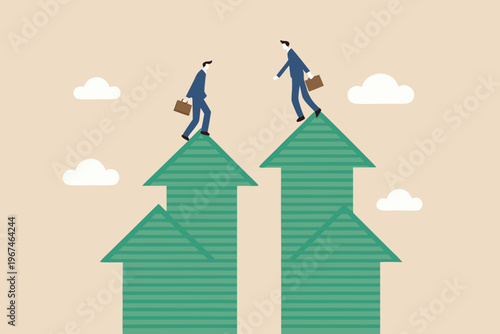 Two businessmen walking on upward pointing arrows against a cloudy sky