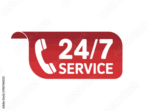 Red label displaying a telephone and the text 24 7 service