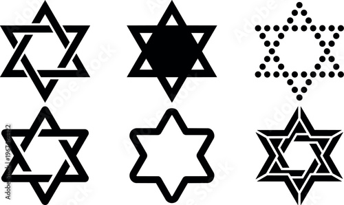 Six black star of david variations vector art designs on white background