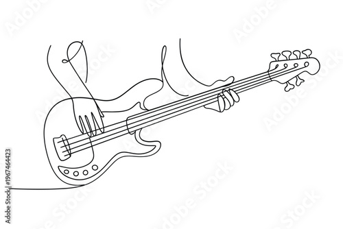 Minimalist line drawing of a hand playing a bass guitar