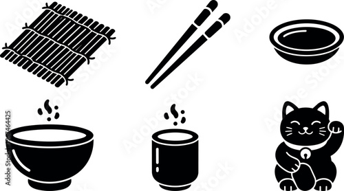 Black silhouette set of sushi mat chopsticks bowl tea cup and lucky cat
