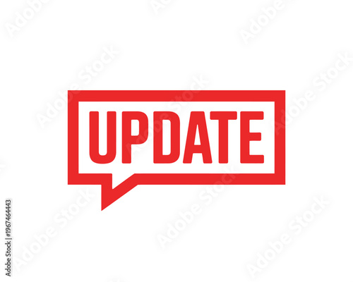Red update stamp icon within a speech bubble shape illustration