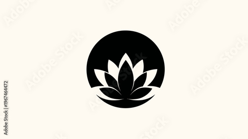 A black lotus flower design within a black circle against a soft, cream-colored backdrop