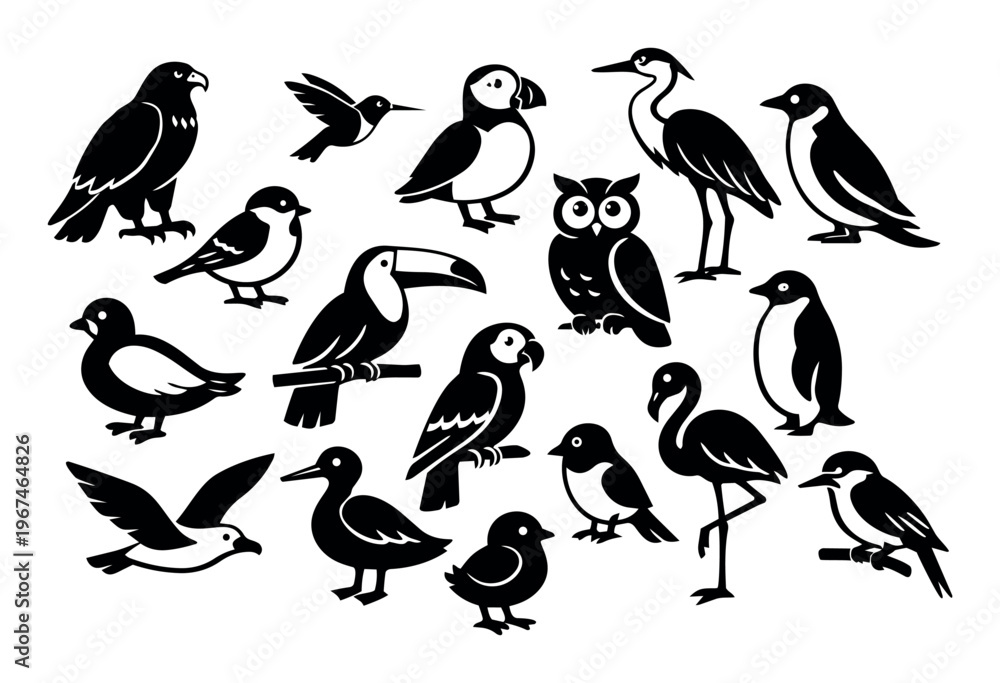 Fototapeta premium Collection of diverse bird species silhouettes. Minimalist black vector icons representing wildlife and nature for design elements