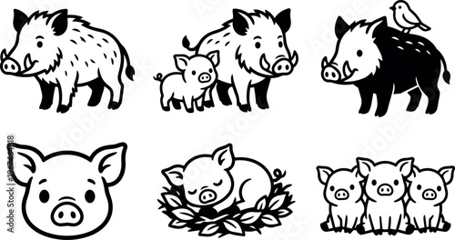 Wild boars piglets and bird in simple style
