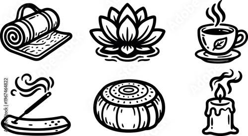 Black and white line art yoga mat lotus flower tea cup incense holder meditation cushion and candle set