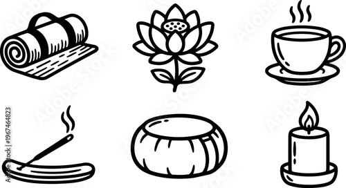 Black and white line art lotus flower yoga mat meditation icon set