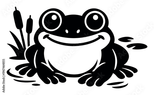 Happy frog character smiling in a pond, an amphibian animal with water plants in a friendly cartoon flat style