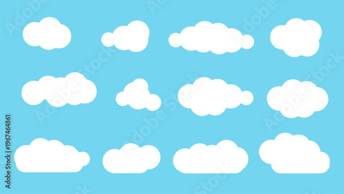 Flat cloud. Simple cloudy shapes. Cartoon white puffy, fluffy and cumulus clouds in blue sky. Abstract comic weather elements. Objects cloudscape for game. Vector collection. Vektor eps 10