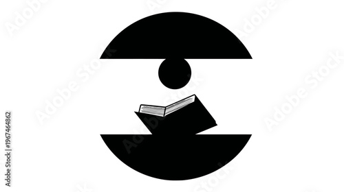 Black and white illustration with book in a circular shape