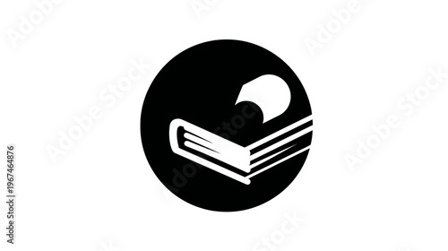 A white book with curved cover and pages, and a single sheet floating out, inside of a black circle