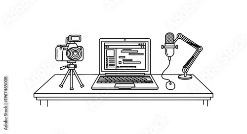 A desk with a laptop computer and recording equipment.