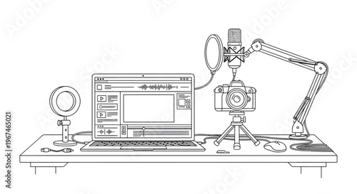 A desk with a computer and recording equipment.