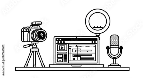 Line art illustration of video recording equipment.