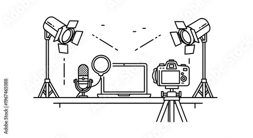A simple line drawing of a recording studio setup with camera and lighting.