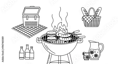 Outdoor barbecue with food and drinks.