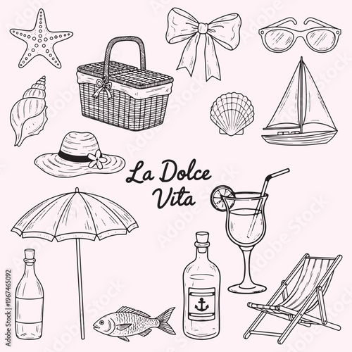 A charming sketch of summer essentials beach items and a sweet life