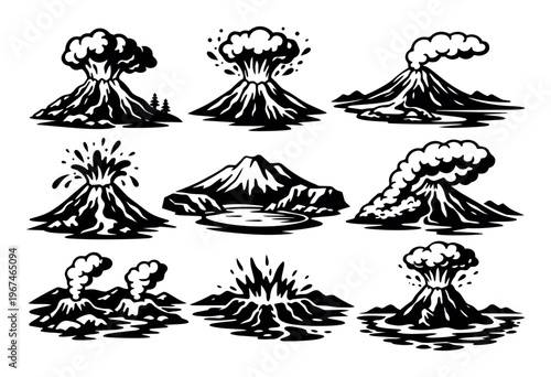 Volcano icons depicting various stages of volcanic activity, including eruptions with smoke, ash, lava, and water splashes