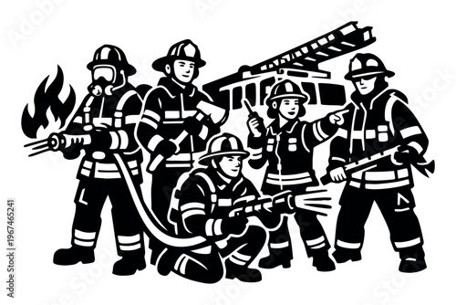 Firefighters team working together during an emergency, using hose and axe, battling fire, and ensuring safety