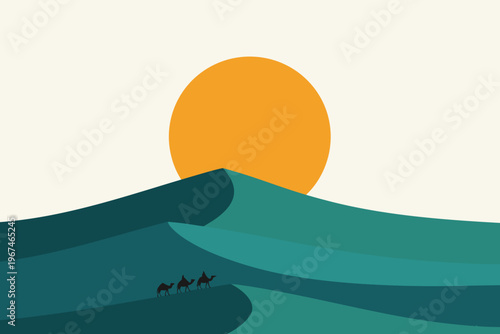 Stylized Saharan desert sunset with silhouette camels on rolling dunes, ideal for spiritual or travel-related themes like Ramadan, adventure exploration, or minimalist nature metaphors