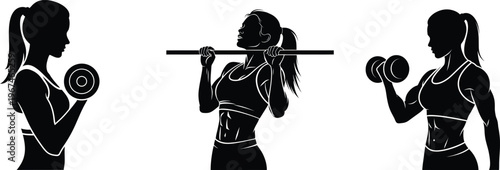 Female Fitness Exercises Silhouettes with Dumbbells and Pull-up Bar
