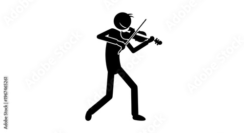 Stick figure musician playing a classical violin with focus and precision on an isolated white background.