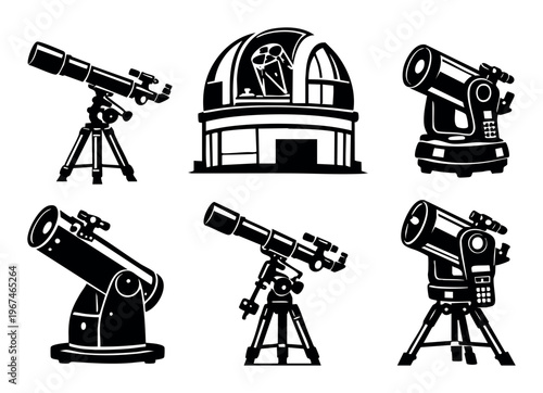 Telescopes and an observatory icon collection representing astronomy, scientific discovery, exploration, and the cosmos