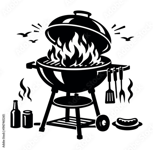 Barbeque grill with open lid and burning flames, surrounded by cooking tools, drinks, and a sausage, ideal for summer gatherings