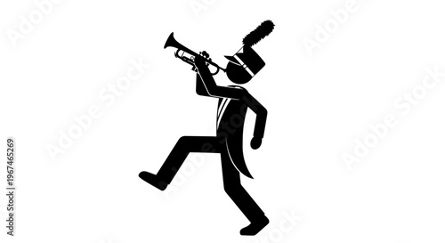 Energetic marching band member playing a trumpet with enthusiasm while stepping forward on an isolated white background.
