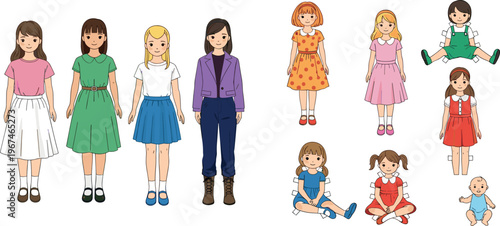 Cute Girl Character Set in Dresses and Casual Outfits for Children, Fashion, and Animated Graphics