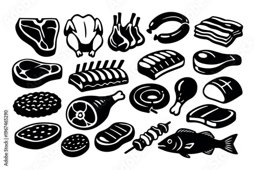 Collection of different meat, chicken, sausage, rib, steak, fish, and kebab icons representing various food types