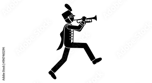 Disciplined marching band member playing a trumpet in uniform, performing a ceremonial parade on an isolated white background.