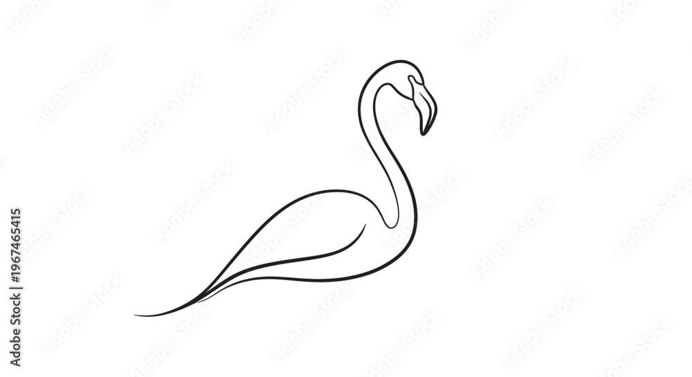 Fototapeta premium Elegant Flamingo Bird Outline Drawing on Isolated White Background.